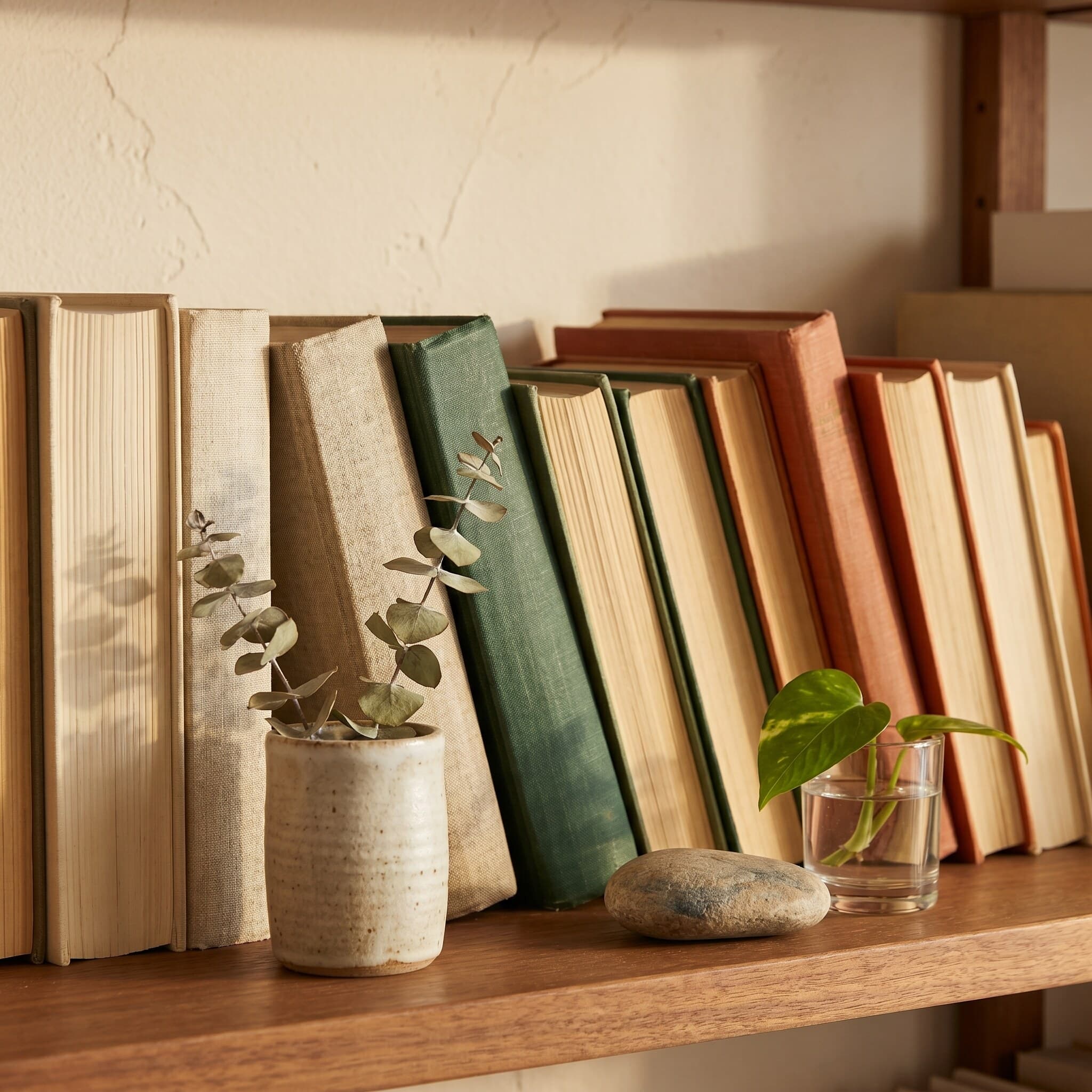 A quiet bookshelf detail in Elena's office — well-worn hardback books in muted cream, oatmeal, forest-green and terracotta-clay spines, a small ceramic vessel holding a sprig of dried eucalyptus, a river stone, and a tiny pothos cutting in water.