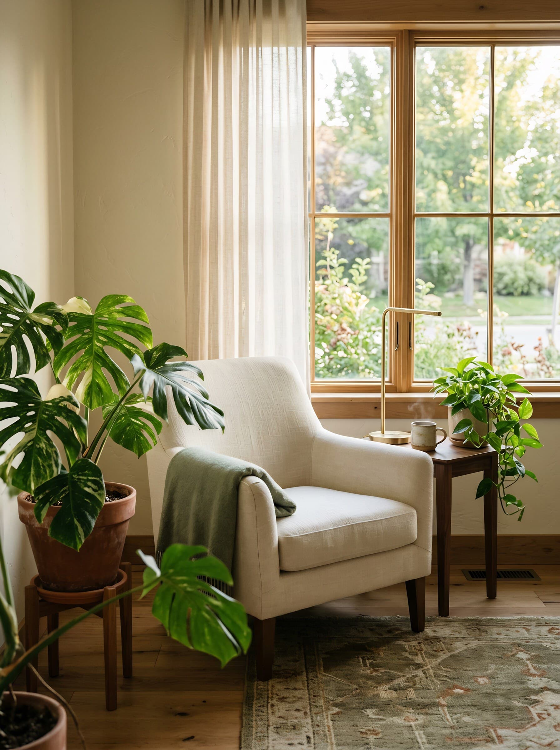 A calm therapy office in Eagle, Idaho — cream upholstered armchair with sage-green throw, brass reading lamp on a walnut side table, monstera and pothos plants, natural afternoon light through a tall window.