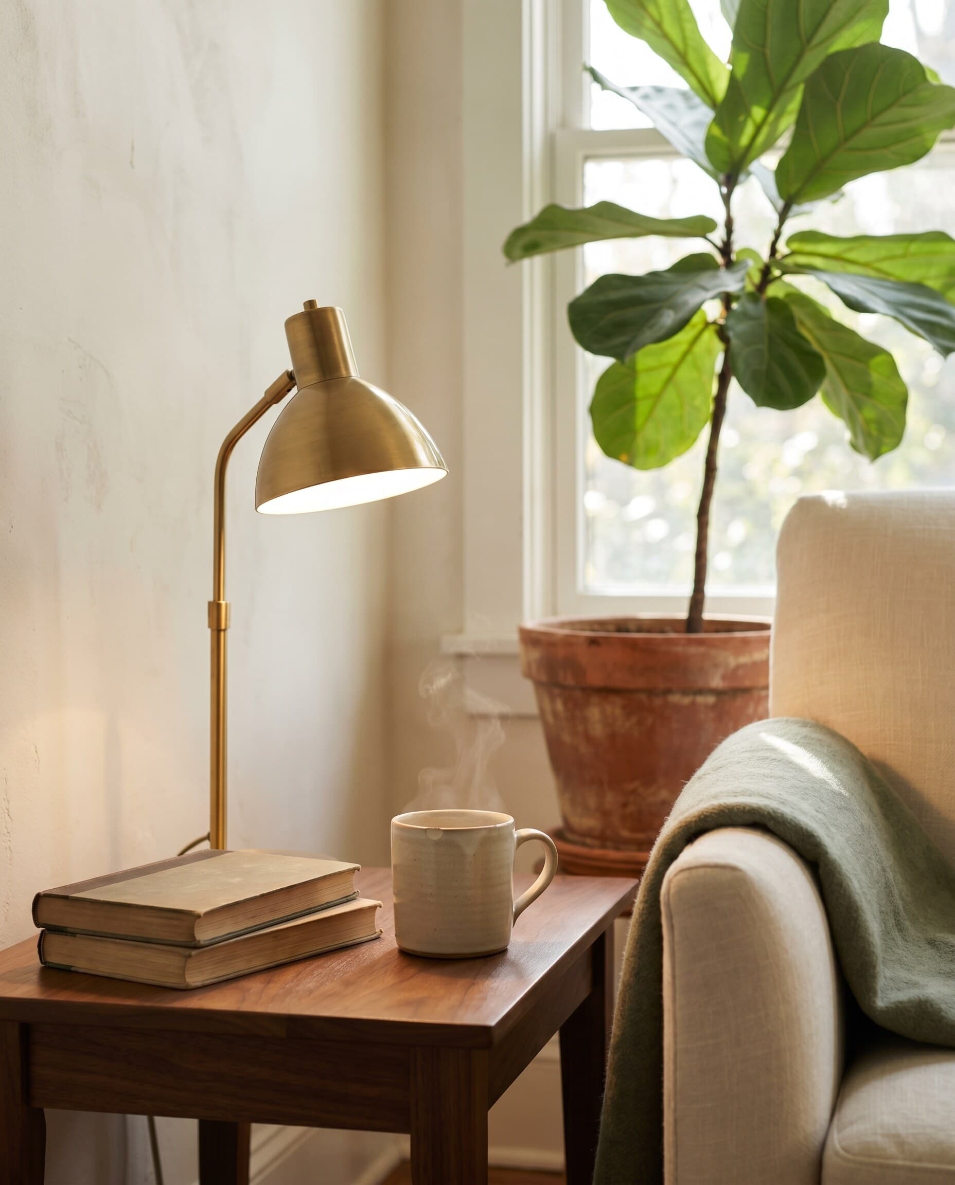 A different angle of Elena's therapy office in Eagle, Idaho — variegated monstera in a terracotta clay pot in the foreground, the cream linen armchair with sage-green wool throw softly behind, warm afternoon light from a wooden-mullioned window.